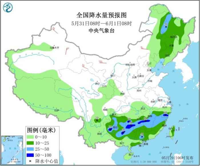 全国降水量预报图(5月31日08时-6月1日08时) 江南华南等地有较强降水过程 北方地区多大风天气